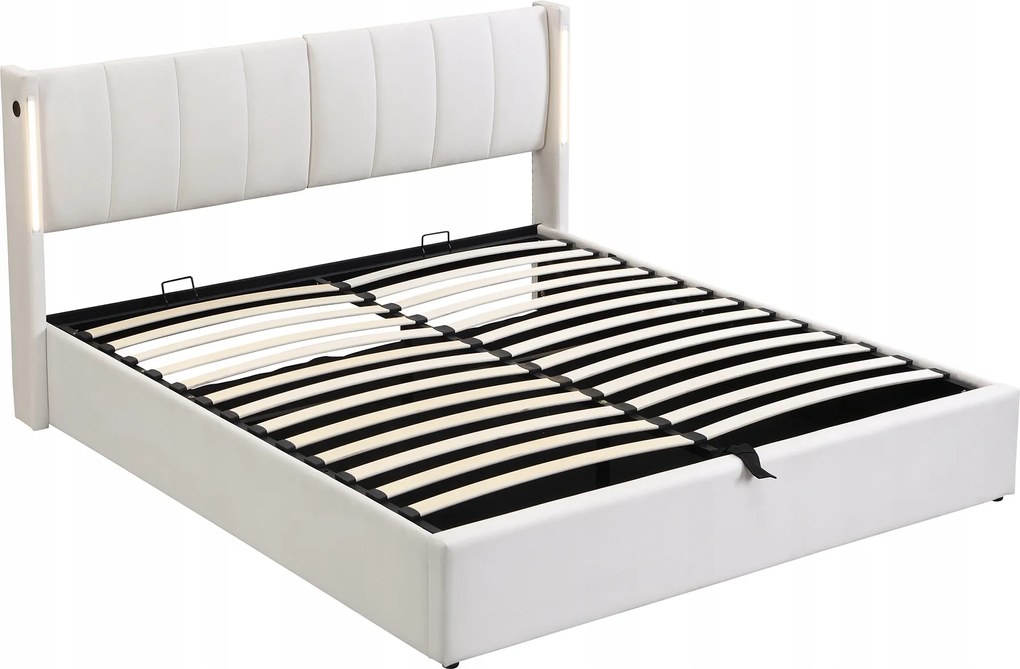 Led kárpitozott ágy 140x200 cm hidraulikus ágy Pu fehér