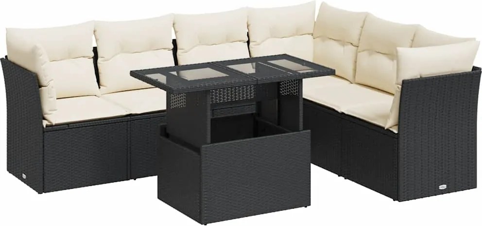 vidaXL 7 részes fekete polyrattan kerti ülőgarnitúra párnával