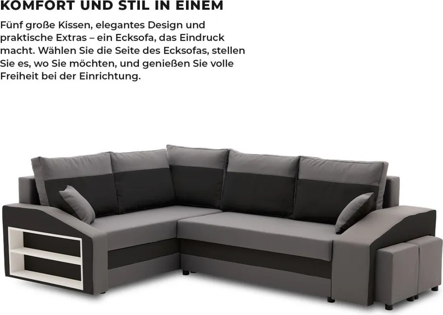Grande sarokkanapé polcokkal és puffokkal , polc a bal karfaban puffok a jobb karfaban, baloldali, szövet anyag, bonell töltet, szürke - fekete
