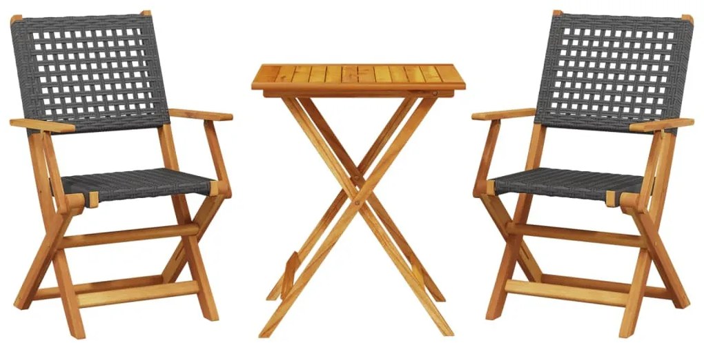 vidaXL 3 részes fekete polyrattan és tömör fa bisztrószett