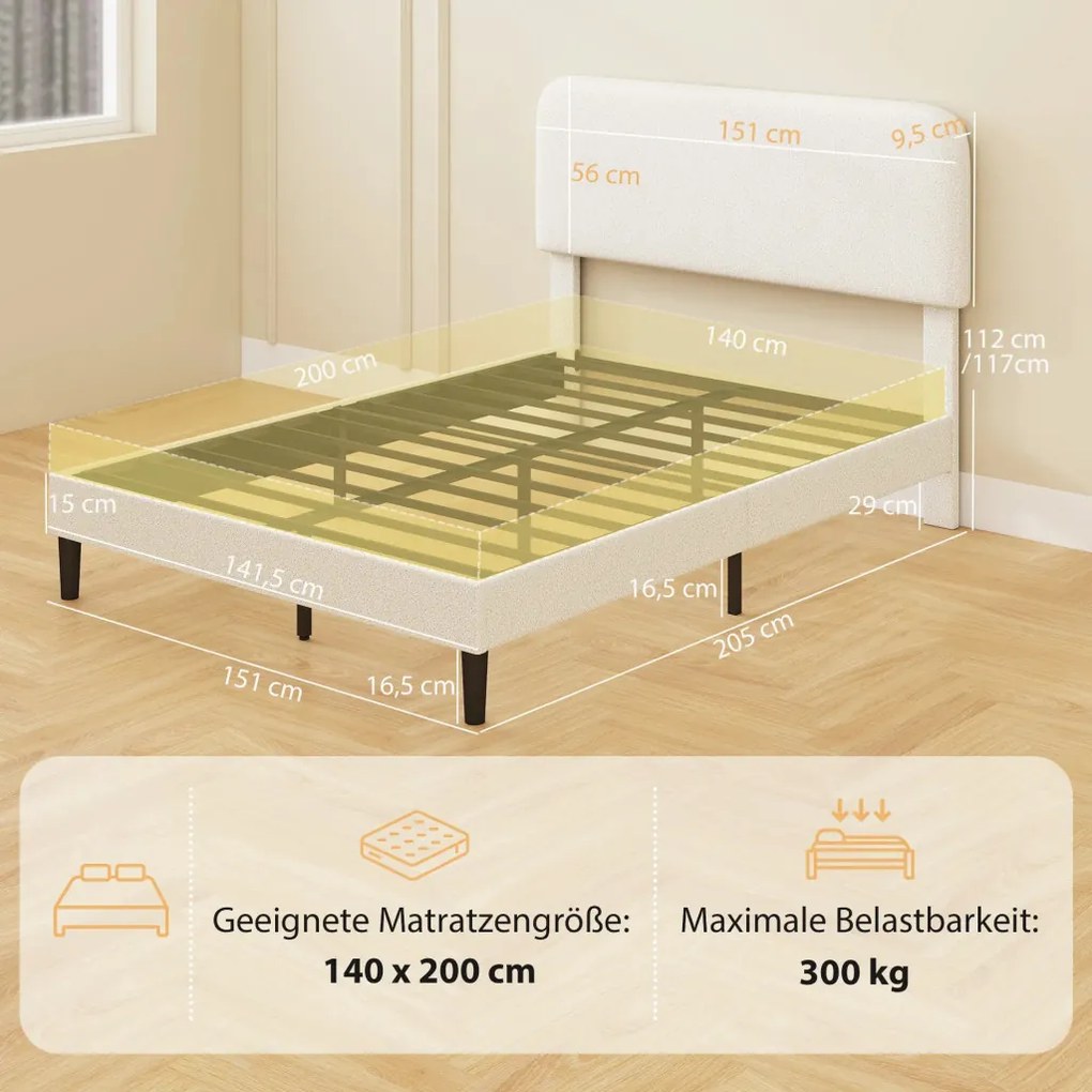 HOMCOM Ágy 140x200 cm Ágykeret állítható kárpitozott teddy fleece fejtámlával, fehér