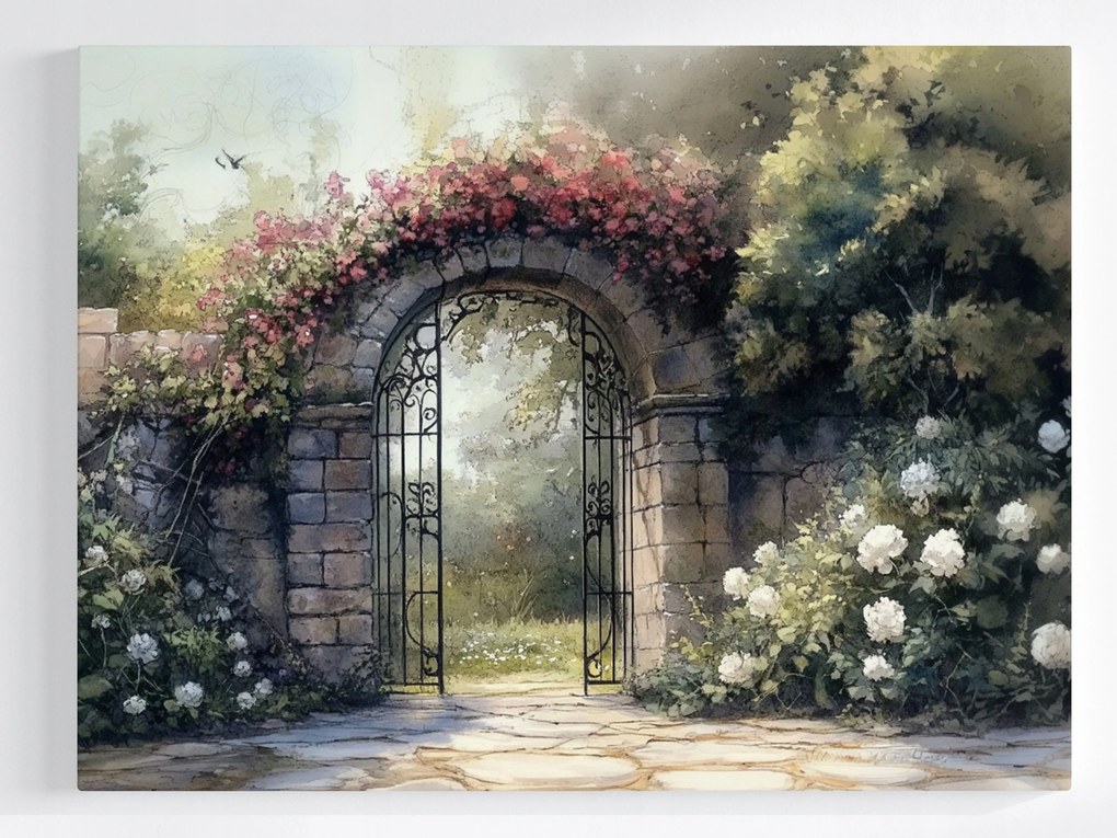 Poszter Tájkép Titokzatos Kert Kapu Virágok 100x75