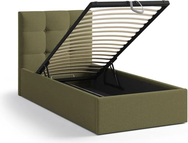 Zöld kárpitozott ágyneműtartós egyszemélyes ágy ágyráccsal 90x200 cm Phaedra – Micadoni