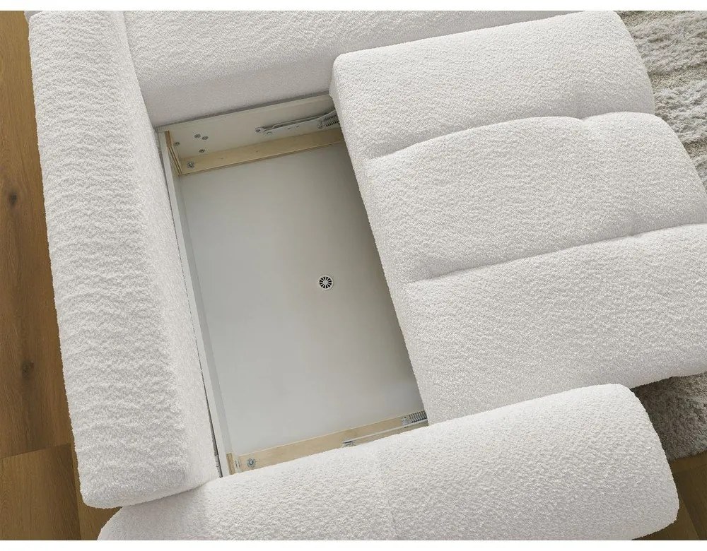 Fehér buklé kinyitható-tárolóhelyes sarokkanapé (jobb oldali-heverő résszel) Roxelane – Bobochic Paris