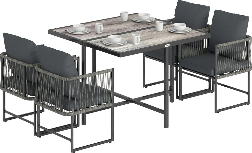 Outsunny 5 részes polyrattan kerti étkezőgarnitúra — helytakarékos, levehető párnákkal, két részes DPC asztallappal, 4 személyes | Aosom