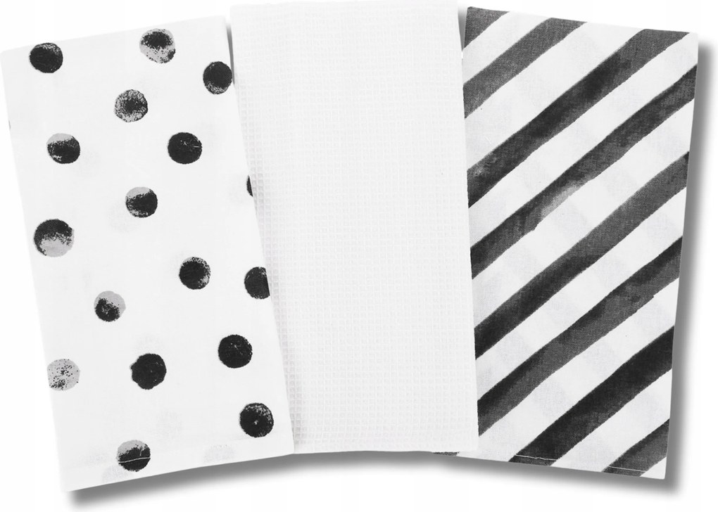 Pamut konyhai törlőkendő Fekete Csíkos/pöttyös, strapabíró, 40x60cm, 3-CSOMAG