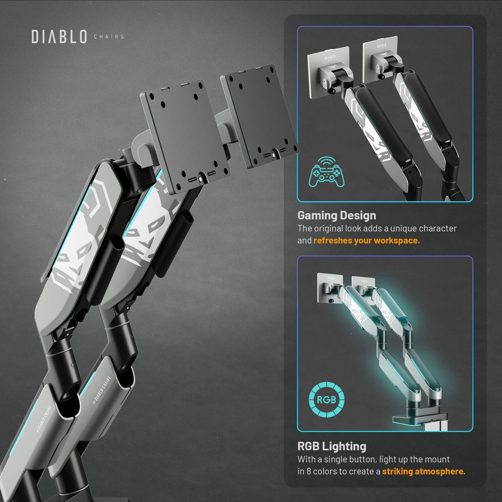 Dupla monitortartó 35" RGB, szürke-fekete: Diablo X-Arm Dual