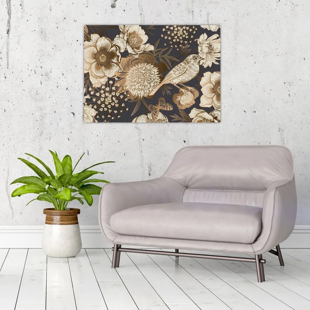 Sötét alapon arany virágok képe (üvegen) (70x50 cm)
