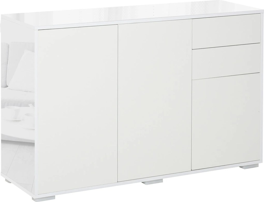 HOMCOM Nappali Tálaló 3 Ajtóval, 2 Fiókkal és Állítható Polccal Konyhába és Hálószobába - Antitipli, 117x36x74 cm Magas Fényű Fehér | Aosom