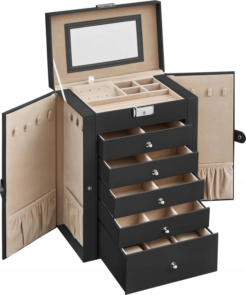 Fekete display ékszerdoboz zárható tükörrel