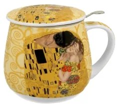 Porcelán teás bögre tetővel fém szűrővel 430 ml díszdobozban Gustav Klimt A Csók ekrü