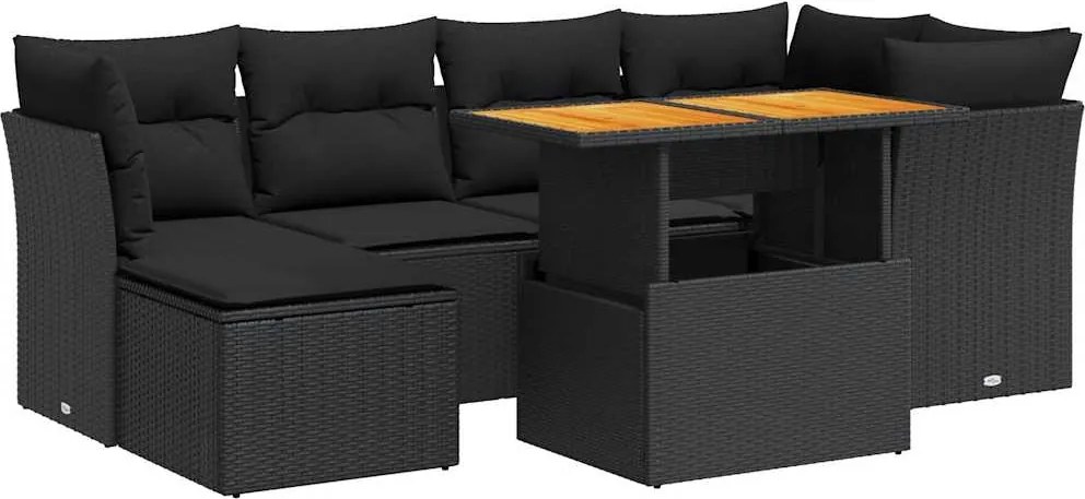 vidaXL 7 részes fekete polyrattan kerti ülőgarnitúra párnával