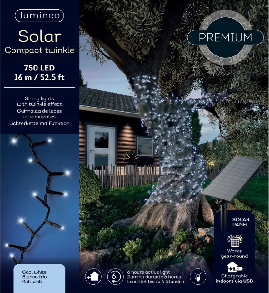 Kültéri napelemes karácsonyfa lámpa 750 Led kerti hideg fehér 16m