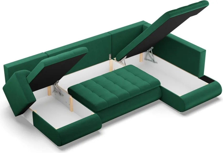 Tokio U sarokkanapé, 3 ágyneműtartóval, bársony, jobboldali, zöld