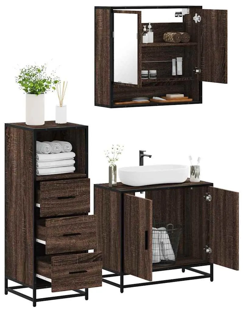 3 részes barna tölgy színű szerelt fa fürdőszobai bútorszett