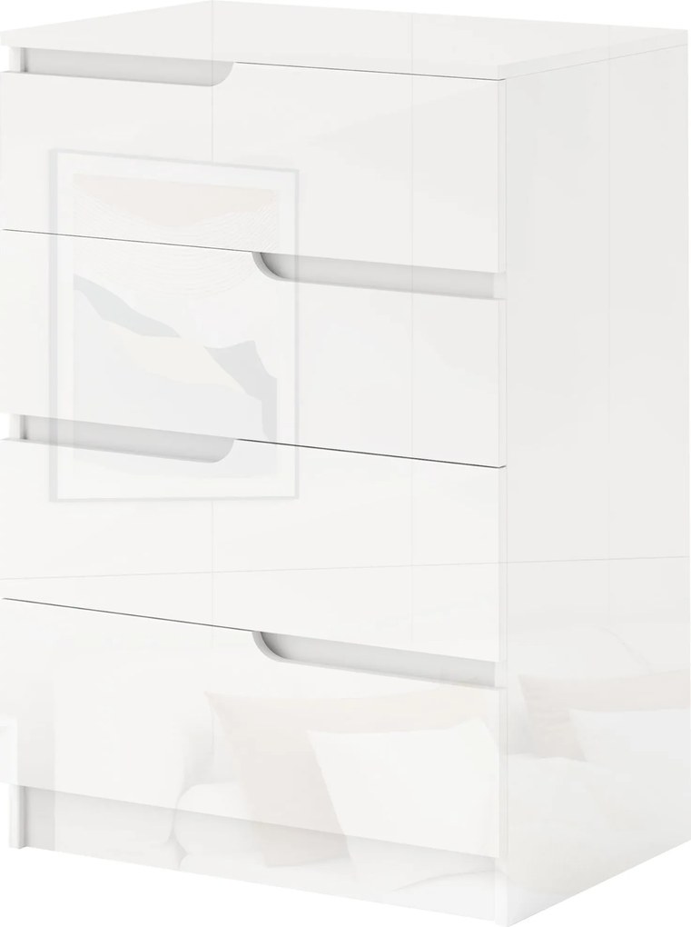 HOMCOM Modern és Minimalista 4-Fiókos Komód, Forgácslap Komód, 60x40x85 cm, Fényes Fehér | Aosom