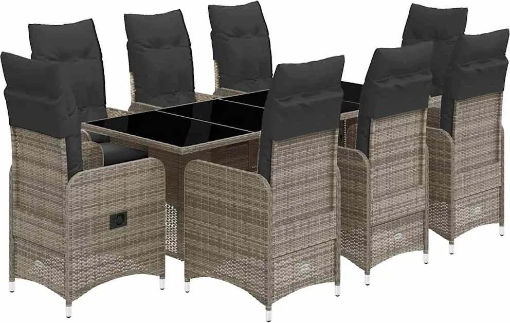 vidaXL 9 részes szürke polyrattan kerti bisztrógarnitúra párnákkal