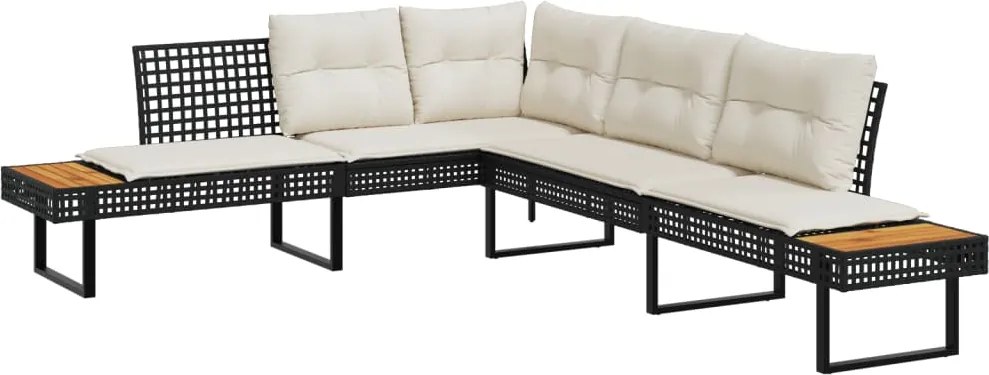 vidaXL fekete polyrattan és akácfa L-alakú kerti kanapé párnával