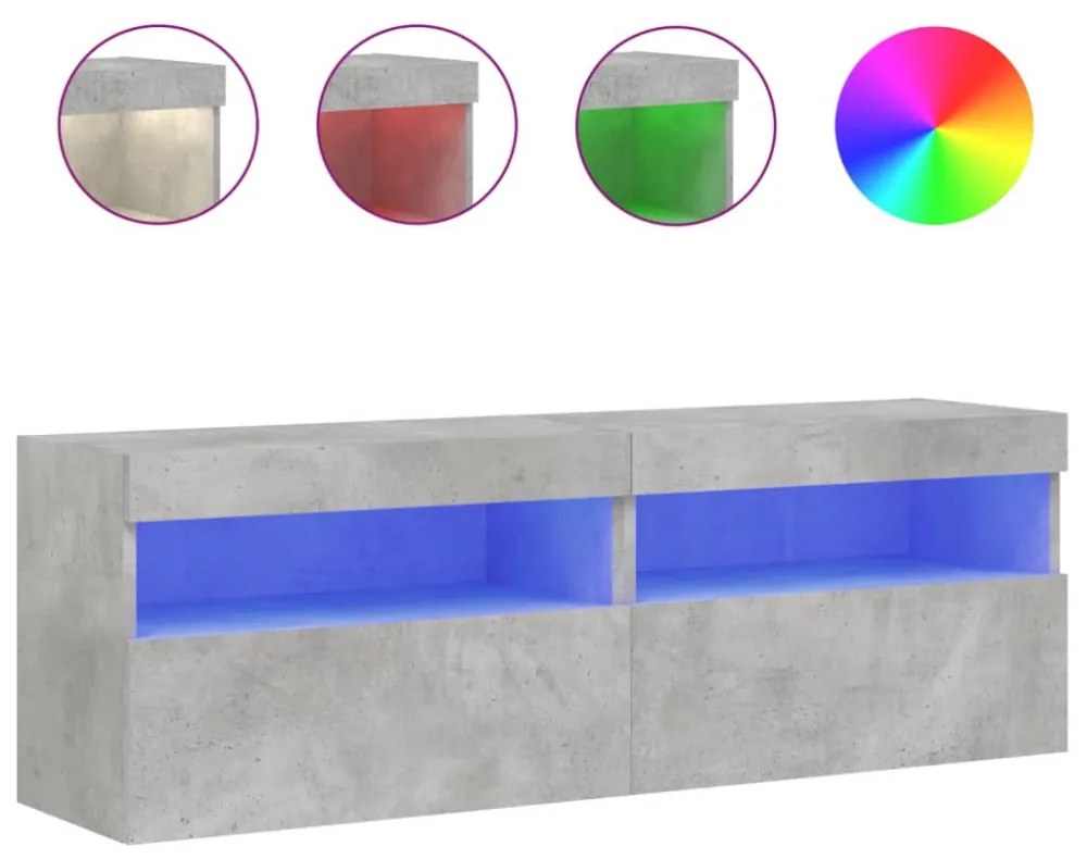 2 db betonszürke fali TV-szekrény LED-del 60x30x40 cm