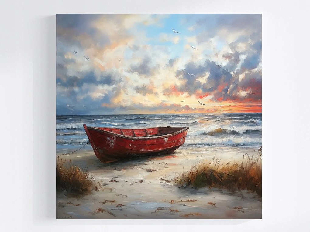 Canvas Vászonkép Piros Hajó Tengerpart Naplemente Tenger Nyár 40x40