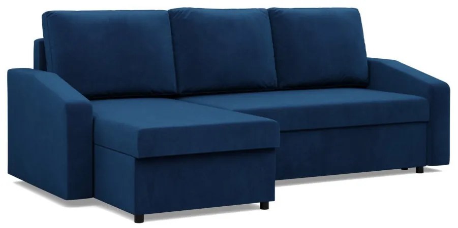 Zeus sarokkanapé, 2 ágyneműtartóval, döntött kartámasz, bársony, univerzális oldal, bonell töltet, kék