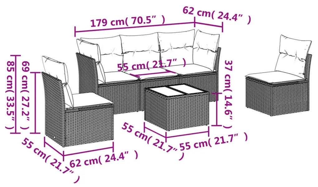 6 részes szürke polyrattan kerti ülőgarnitúra párnákkal