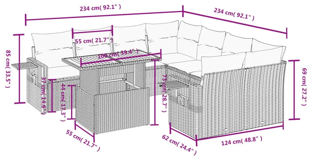 8 részes fekete polyrattan kerti ülőgarnitúra párnákkal