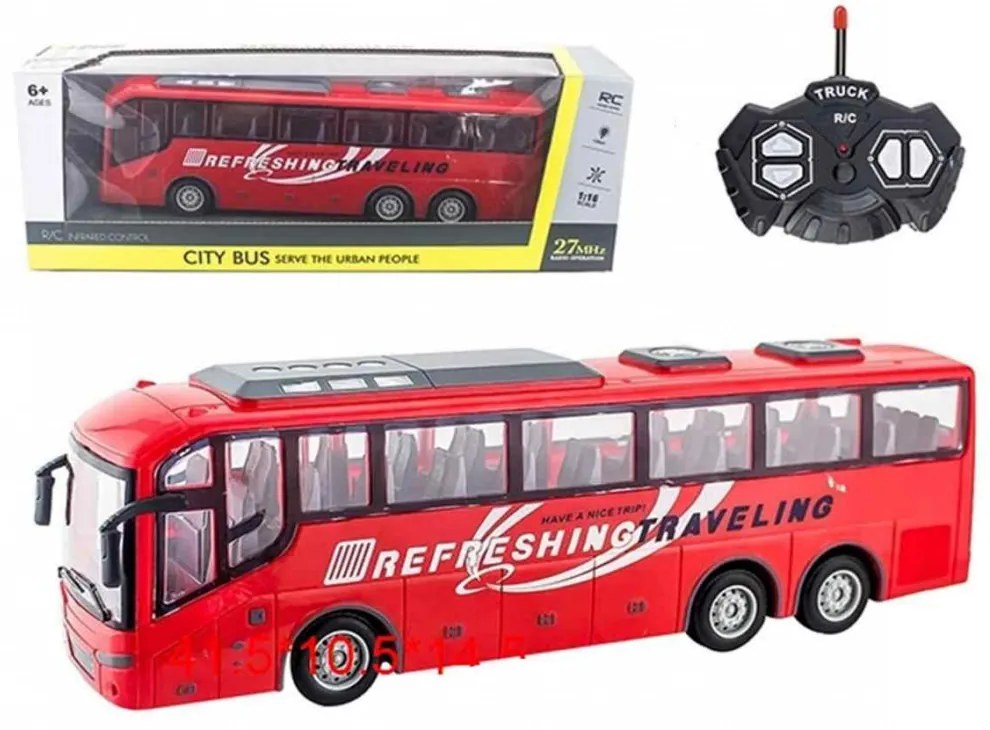 Nagy Rc Távirányítós Távolsági Busz Piros színben 27 Mhz Rádó Frekvenciával Elemes Jármű Gumi kerekek