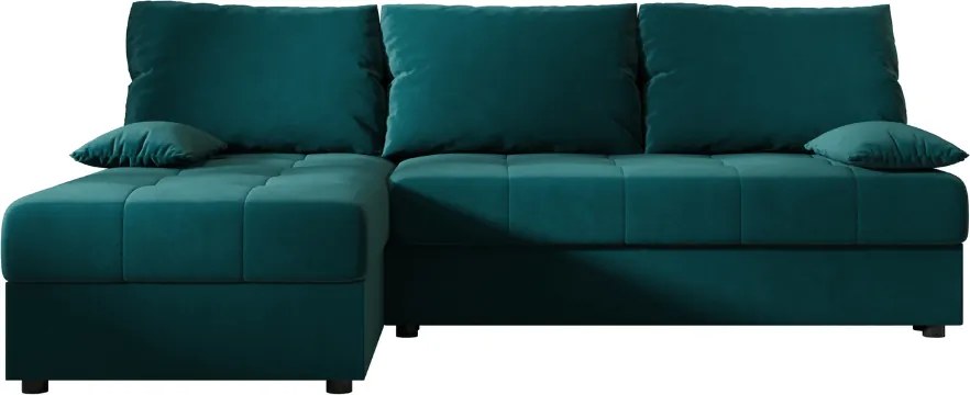 Ágyazható, kétoldalas L alakú kanapé VENORIA SLIM 200x143 cm, petrolkék színű + 2 db díszpárna INGYEN