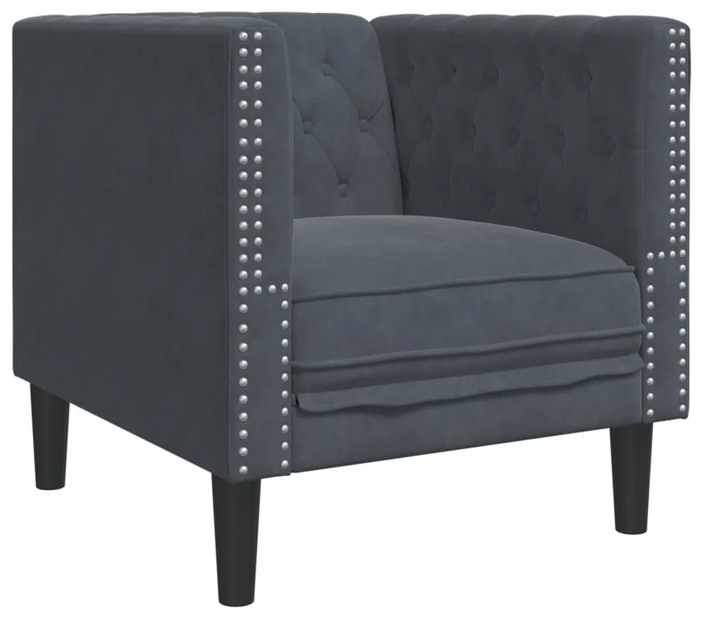 sötétszürke bársony Chesterfield kanapé