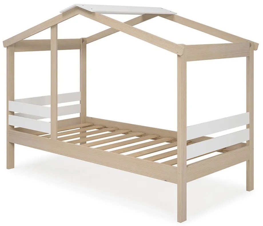 Fehér-natúr színű házikó alakú gyerekágy borovi fenyő dekorral 90x190 cm Angel – Marckeric