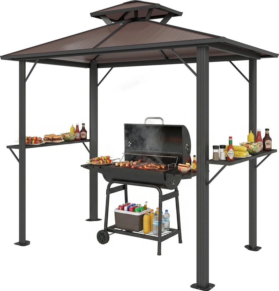 Outsunny grillező pavilon 2,5 x 1,5 m — vízálló dupla polikarbonát tető, oldalsó polcok, alumínium váz, barna | Aosom