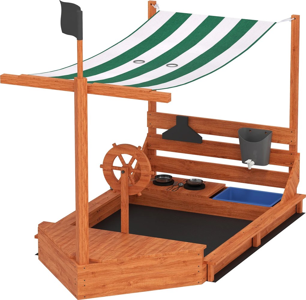 Outsunny Nagy Homokozó Fedéllel Hajó Formájú Fa Játék Házikó Konyhai Játszószettel Gyerekeknek 3-7 Év Zöld 180 x 103 x 144,5 cm | Aosom