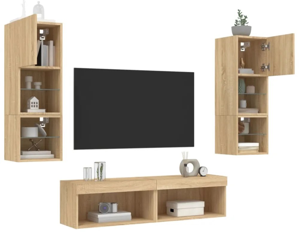 6 darab füstös tölgy színű szerelt fa TV-bútor LED-del