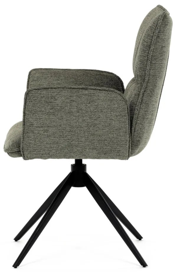 Scaun de dining rotativ, tapițat cu material textil verde, mecanism rotativ 360°, picioare metalice negre