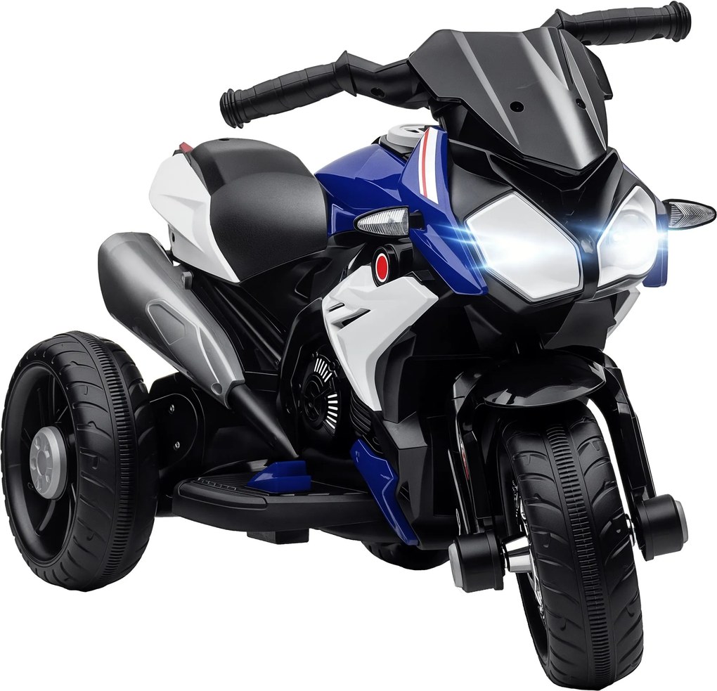 HOMCOM Elektromos Motor 3 Kerekű Trike 3+ Éves Gyermekeknek 6V Újratölthető Akkumulátorral - Zene, Kürt, Fényszóró - 86x42x52 cm Fekete és Kék | Aosom