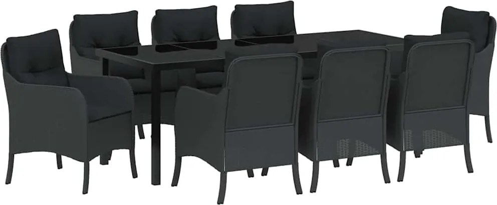 vidaXL Kert étkező szett párnával 9 pcs Fekete polirattan