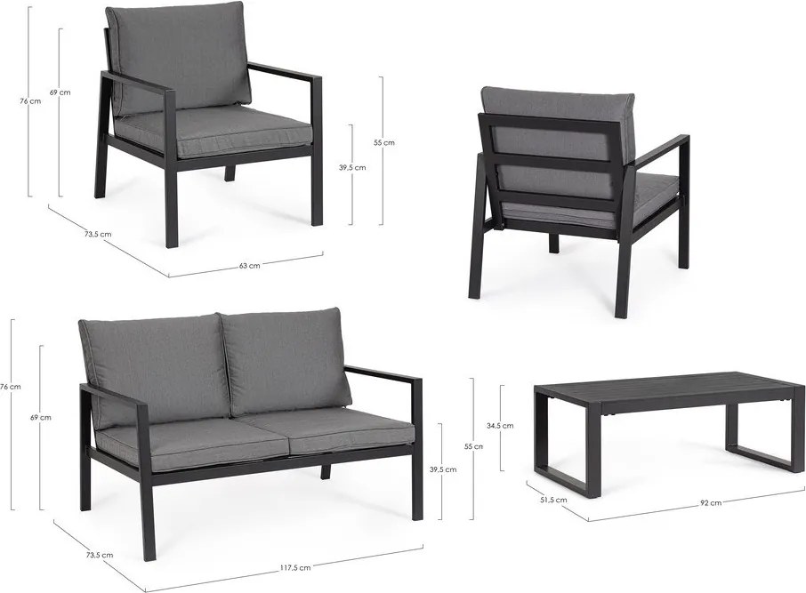 Antracitszürke alumínium négyszemélyes kerti lounge szett Hilde – Bizzotto