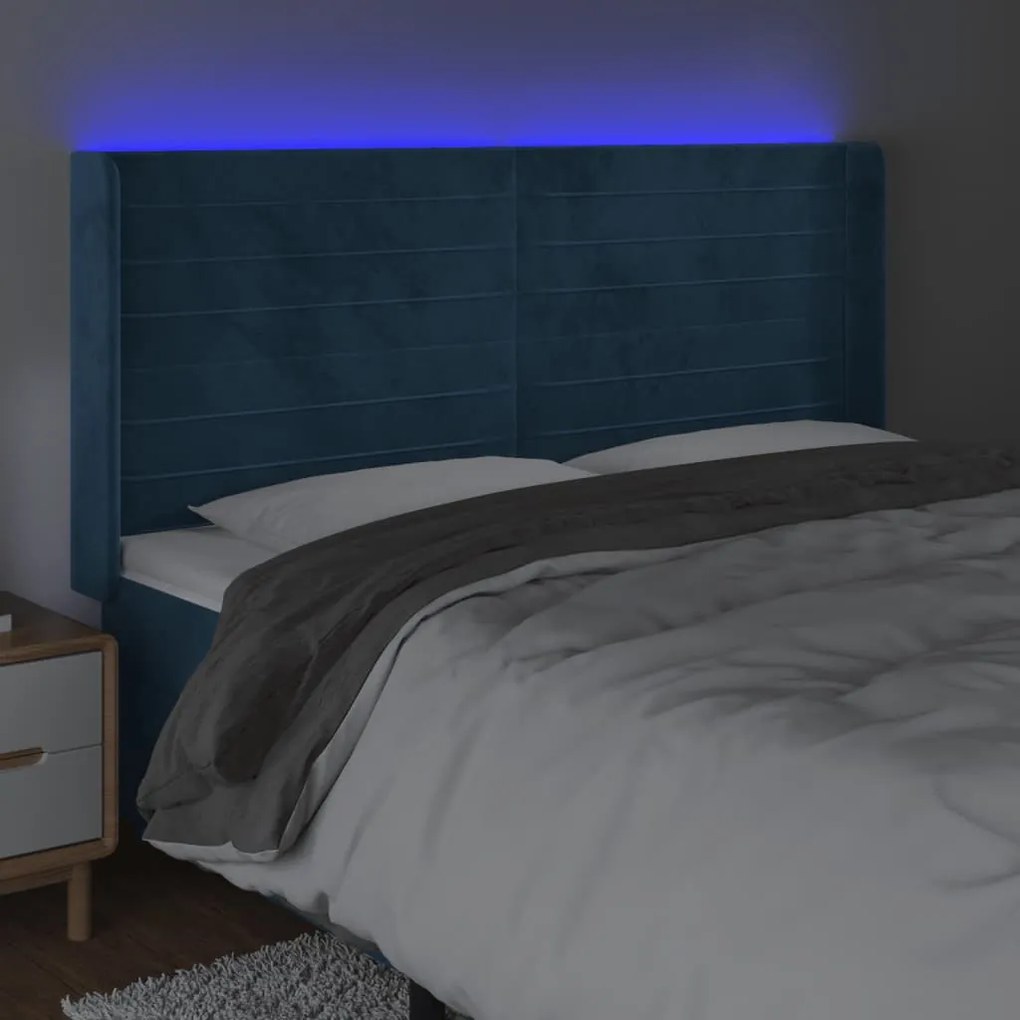 sötétkék bársony LED-es fejtámla 183x16x118/128 cm