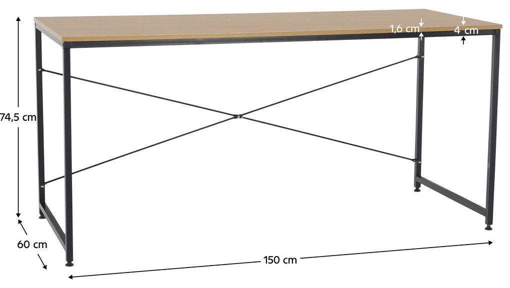 Íróasztal tölgy/fekete, 150x60 cm, MELLORA
