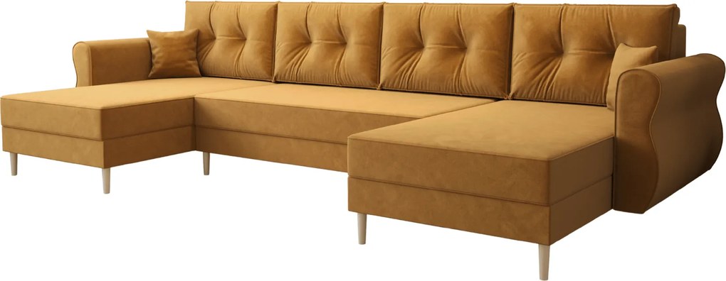 Ágyazható U alakú kanapé SILVIANO 300x140 cm, mustár színű + 2 db díszpárna INGYEN
