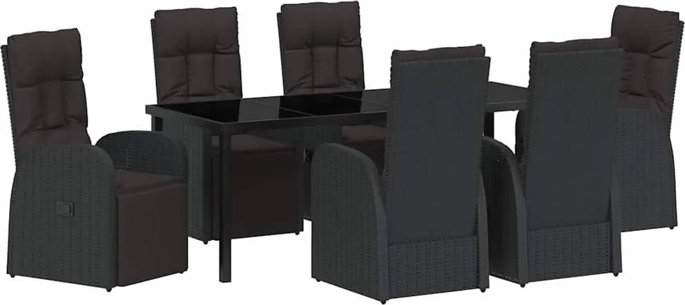 vidaXL Kert étkező szett párnával 7 pcs Fekete polirattan