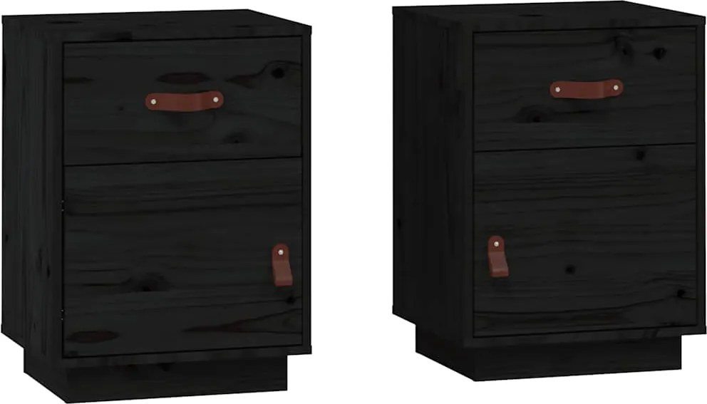 vidaXL 2 db fekete tömör fenyőfa éjjeliszekrény 40 x 34 x 55 cm