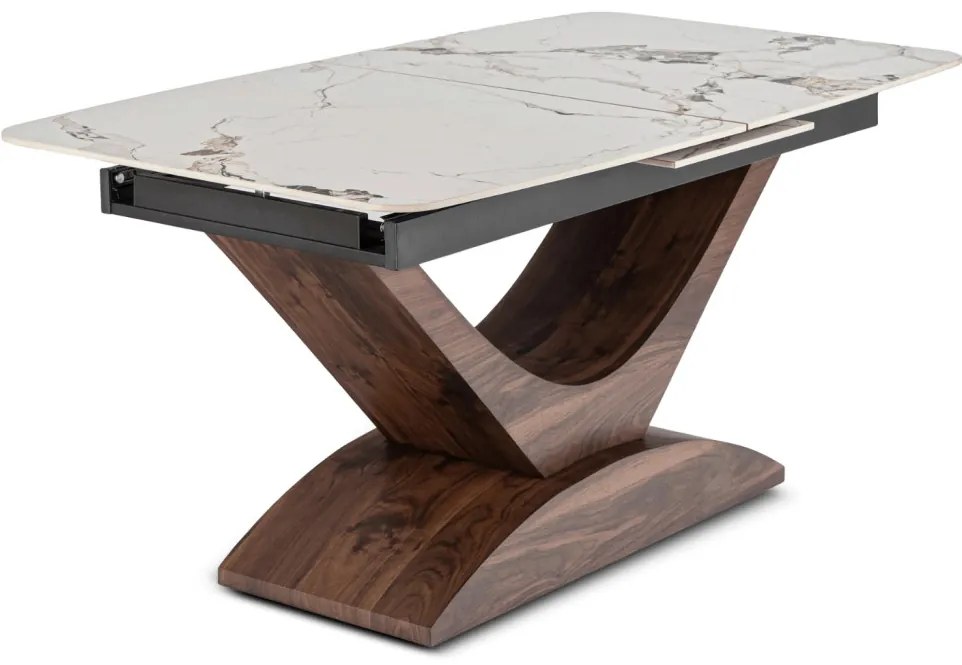 Bővíthető Márványhatású Kerámia Étkezőasztal Fehér/Dió Színben. ALICANTE 160-200 cm