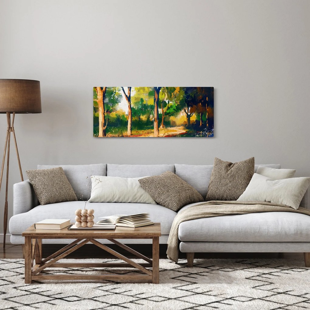 Erdő képe a nyári napsütésben, festmény (120x50 cm)