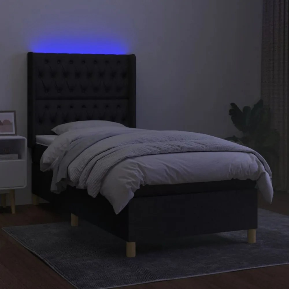 fekete szövet rugós és LED-es ágy matraccal 90x200 cm