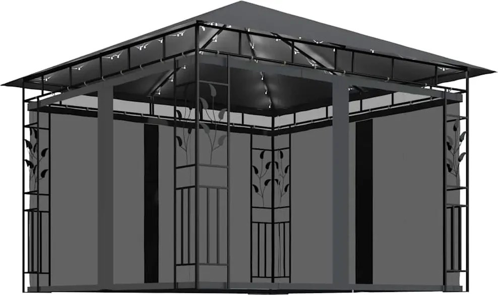 vidaXL antracit pavilon szúnyoghálóval/LED fényfüzérrel 3 x 3 x 2,73 m
