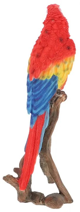 Faágon ülő papagáj polyresin szobor, piros, kültéri és beltéri dekorációs kiegészítő