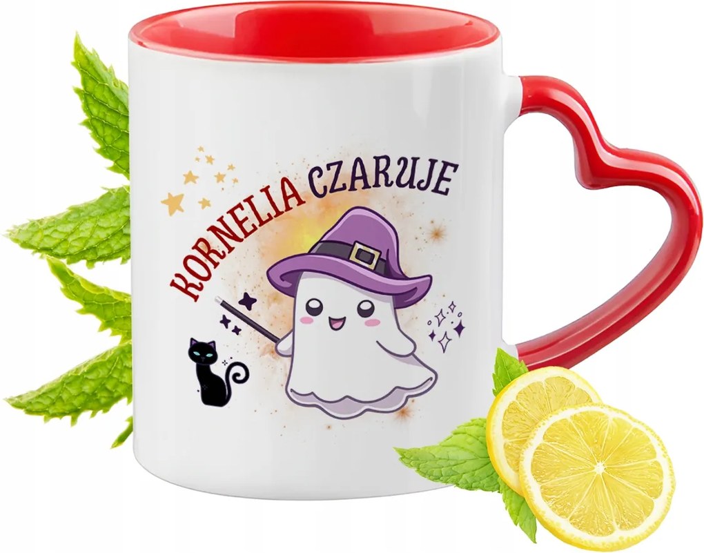 Piros bögre szív alakú füllel Kornéliának Ajándék