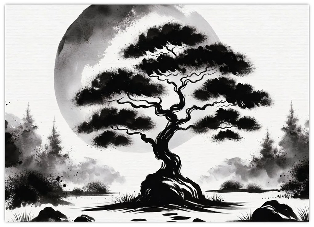 Üveg kép – Fekete-fehér bonsai (70x50 cm)